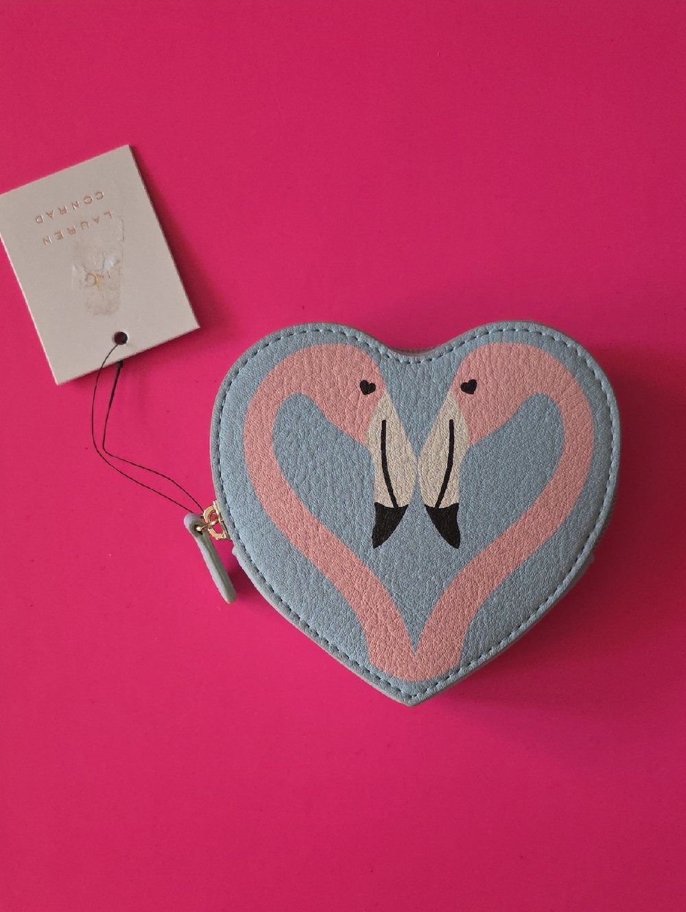 🆕️LC Lauren Conrad Heart-Shaped Flamingo Coin Pouch in Blue and Pink